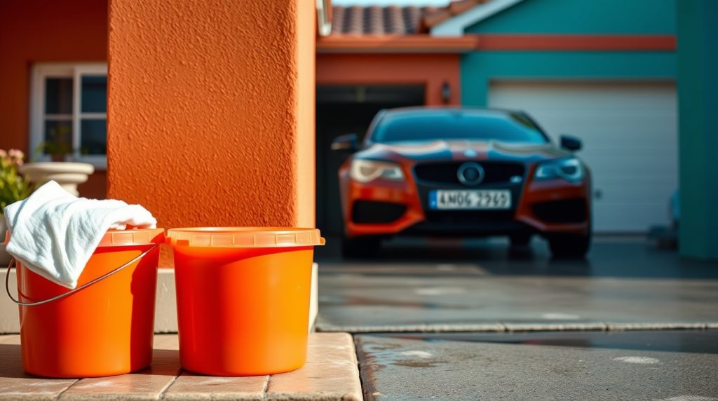 two-identical-plastic-buckets-of-soapy-water-a-car-wash-sponge-a-car-in-the-background-driveway